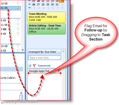 Bilah Tugas Outlook 2007 - Seret Email untuk Membuat Tugas