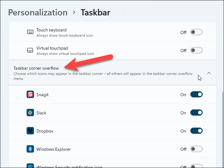Sembunyikan ikon overflow sudut Taskbar di Windows 11