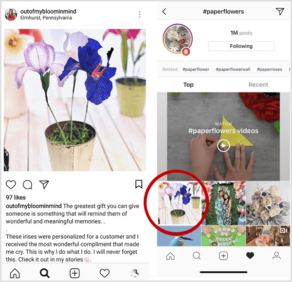 contoh kiriman Instagram muncul pertama kali di hasil pencarian untuk tagar tertentu