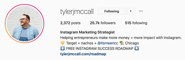 Contoh foto profil bisnis Instagram dan informasi bio oleh @tylerjmccall.