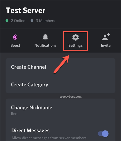 Ikon pengaturan server seluler Discord