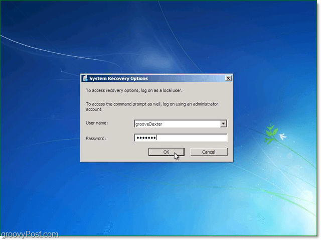 masukkan nama pengguna dan kata sandi Anda untuk pemulihan sistem Windows 7