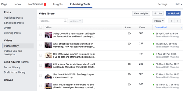 Anda dapat mengakses perpustakaan video Facebook lengkap Anda di Alat Penerbitan.