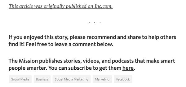 Tambahkan link ke postingan asli dan ajakan bertindak untuk berlangganan konten Anda di bagian bawah artikel Medium Anda.