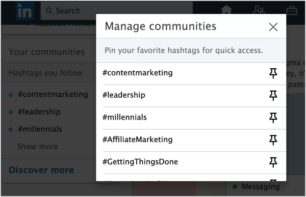 Klik ikon Pin di sebelah hashtag LinkedIn yang ingin Anda tambahkan ke pin ke daftar Anda.