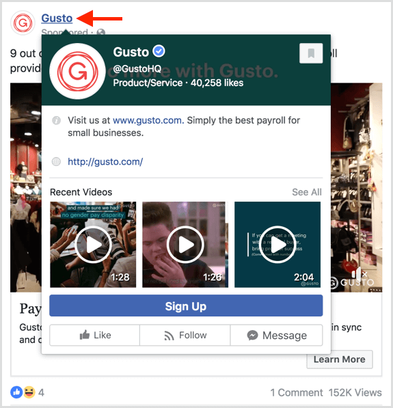 Pengguna melihat pratinjau saat mereka mengarahkan kursor ke halaman di iklan Facebook.