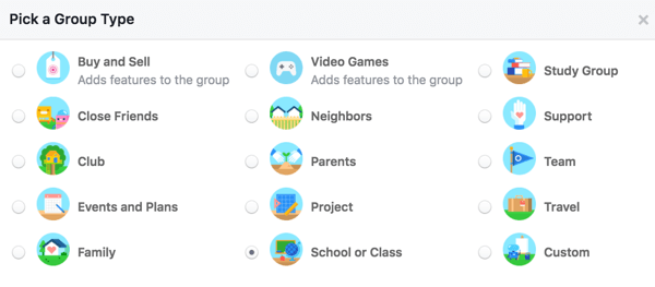 Pilih jenis grup agar pengguna tahu lebih banyak tentang grup Anda.