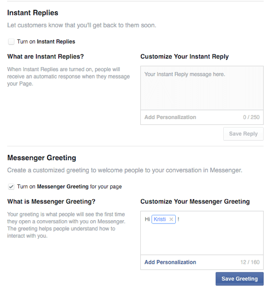 pilihan untuk balasan dan salam instan facebook