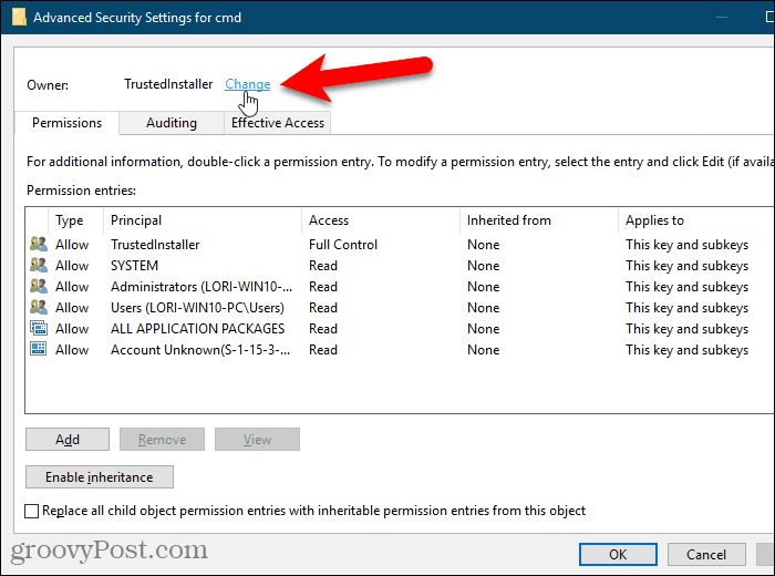 Klik tautan Ubah untuk Pemilik kunci di Windows Registry