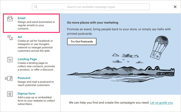 Pilih Email sebagai jenis kampanye di Mailchimp.
