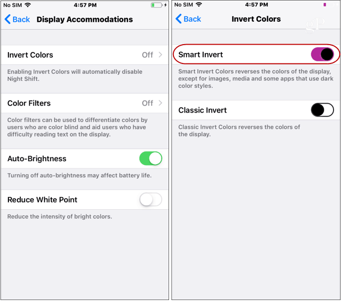 Pengaturan Mode Gelap iOS membalikkan Warna