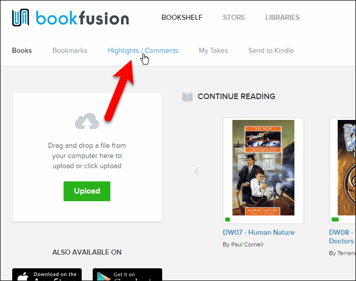 Klik Sorotan / Komentar di antarmuka web BookFusion