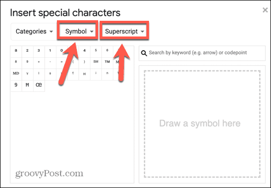 superskrip simbol google docs