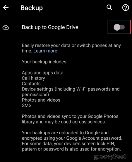 Android Backup pengaturan cadangan untuk drive