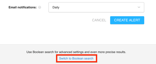 Klik tombol Alihkan ke pencarian Boolean di Awario untuk mengakses fitur pencarian boolean.