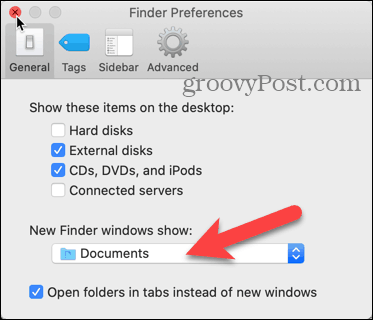 Klik daftar tarik-turun jendela Finder Baru di Preferensi Finder di Mac Anda