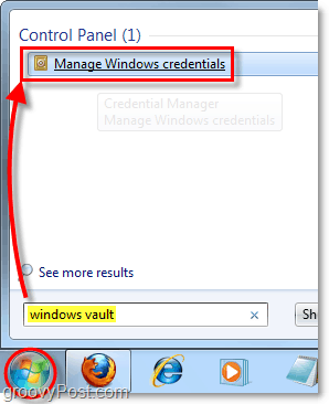 akses windows vault dari pencarian menu start di windows 7