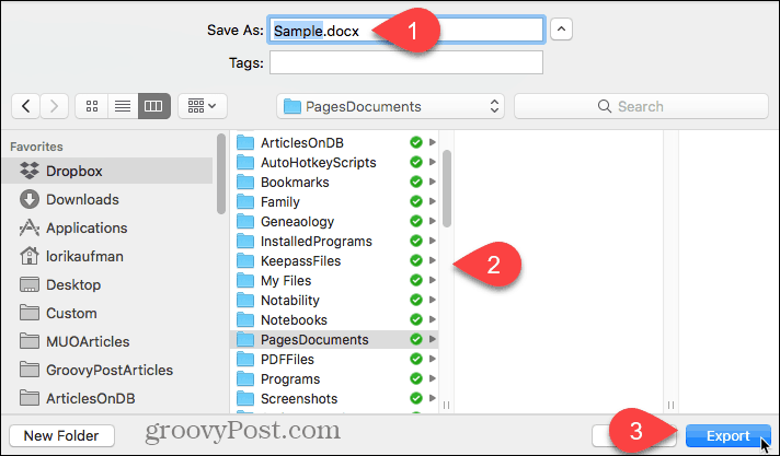 Pilih lokasi untuk file yang diekspor dan klik Ekspor di Halaman untuk Mac
