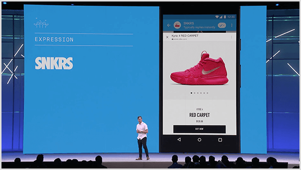 Molly Pittman mengatakan konferensi pengembang Facebook F8 menampilkan penggunaan chatbot di masa depan. Konferensi ini menampilkan fitur belanja sepatu kets dengan augmented reality di Messenger.