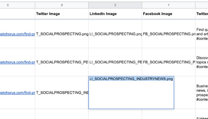 contoh google sheet dengan sebagian data diisi untuk twitter, linkedin, nama gambar facebook seperti yang baru saja dibuat di canva
