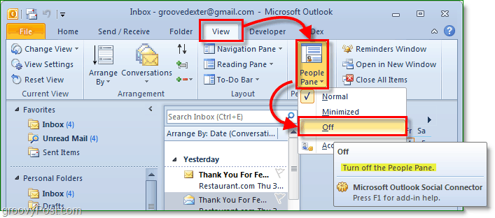 cara mematikan panel orang di Microsoft office outlook 2010