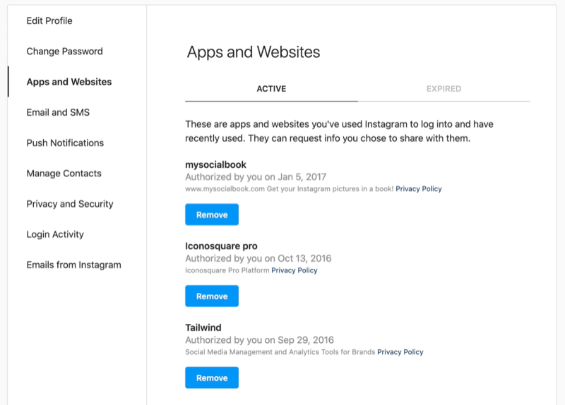 tangkapan layar dari aplikasi Instagram dan menu situs web dengan tab aktif terlihat menunjukkan beberapa contoh aplikasi dan situs web yang terhubung