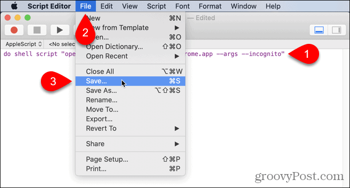 Buka File> Simpan di Editor Skrip di Mac