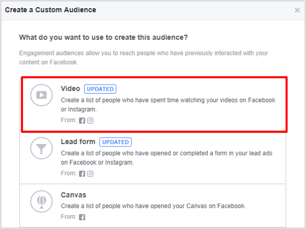 Pilih opsi Video engagement untuk custom audience Facebook Anda.