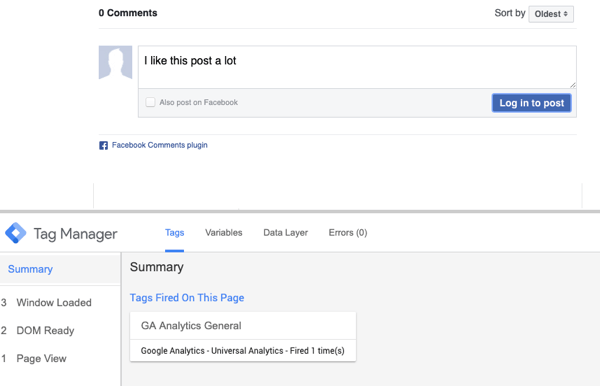 Gunakan Google Tag Manager dengan Facebook, langkah 23, pratinjau komentar dengan pilihan ringkasan untuk Tag Facebook yang diaktifkan