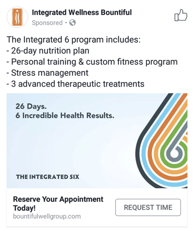 Teknik iklan Facebook yang memberikan hasil, misalnya dengan waktu janji temu Penawaran Wellness Terpadu
