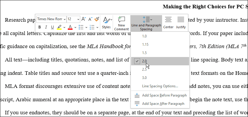 spasi menggunakan format mla di Microsoft Word