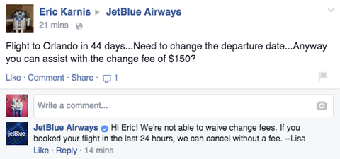 jetblue menanggapi posting pelanggan