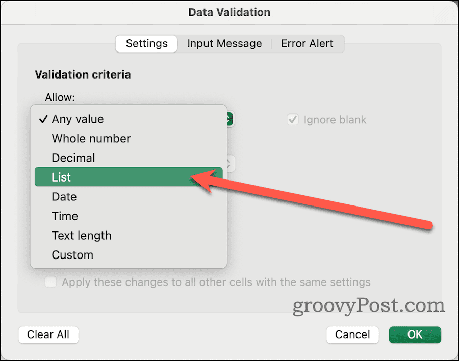 Pilih Daftar dalam Dialog Validasi Data di Excel