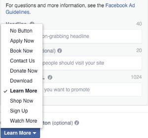 Pilihan tombol ajakan bertindak gambar iklan carousel facebook