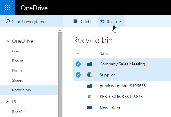 3 Pemulihan Keranjang Sampah OneDrive