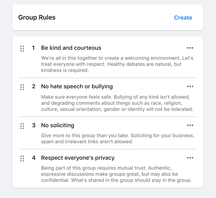 contoh aturan yang ditetapkan untuk grup facebook seperti bersikap baik, tidak ada ujaran kebencian, tidak ada ajakan, dll.