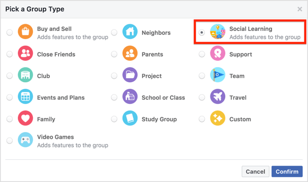 Untuk mengatur grup Anda ke Pembelajaran Sosial, klik Lainnya di bawah sampul grup dan pilih Edit Pengaturan Grup.