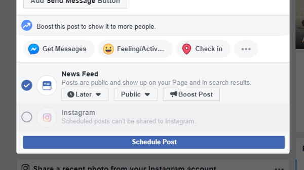 Cara mengirim silang ke Instagram dari Facebook di desktop, contoh opsi lintas posting ke Instagram tidak lagi tersedia saat menjadwalkan posting Facebook