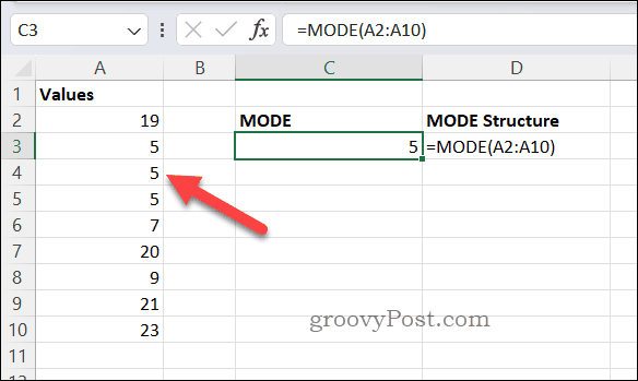 Hasil rumus MODE di Excel