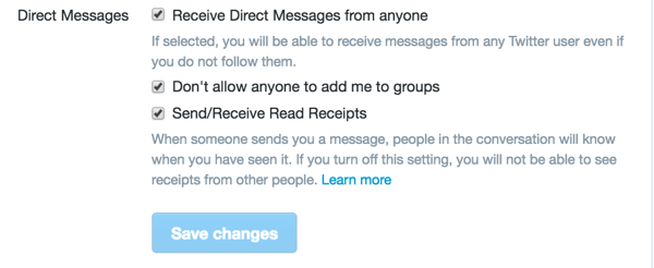 Anda akan menemukan tiga opsi Direct Message di Pengaturan Keamanan dan Privasi Twitter Anda.
