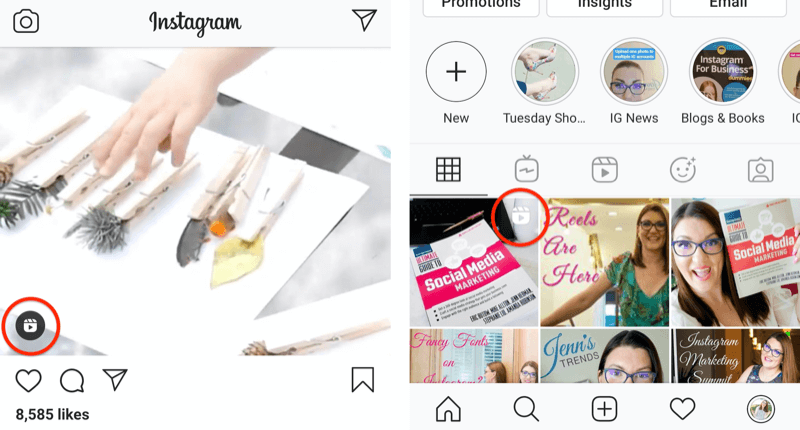 ikon gulungan instagram ditampilkan pada kiriman umpan dan di kotak kotak profil