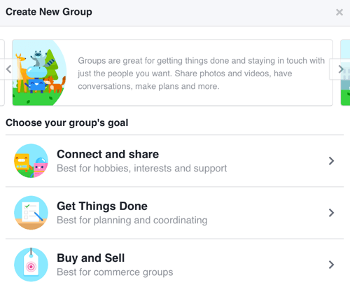 Untuk membuat grup Facebook yang berfokus pada membangun komunitas, pilih Hubungkan dan Bagikan.