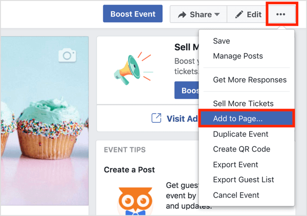 Klik tombol tiga titik di bagian atas halaman acara Facebook dan pilih Tambahkan ke Halaman.