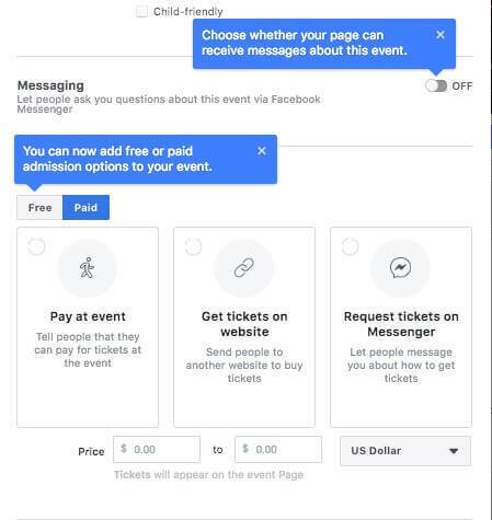 Facebook tampaknya menguji opsi untuk memungkinkan orang mengajukan pertanyaan melalui Facebook Messenger, tambahkan gratis atau opsi tiket masuk berbayar untuk suatu acara, dan menetapkan kisaran harga tiket saat menyiapkan Acara Facebook Halaman.