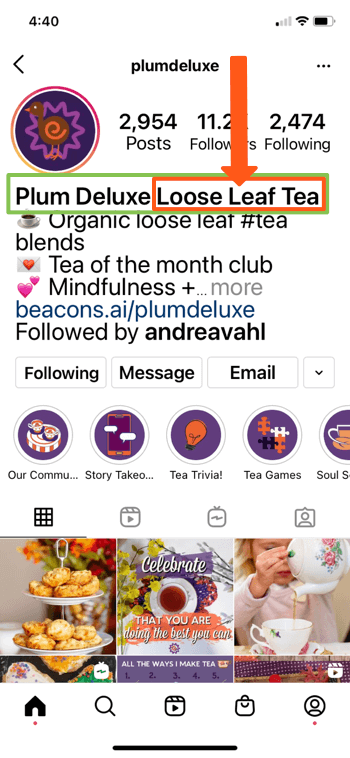 contoh profil instagram untuk @splumdeluxe yang menampilkan kata kunci 'plum deluxe' dan 'loose leaf tea' di bio halaman mereka, memungkinkan mereka untuk muncul dengan baik di hasil pencarian