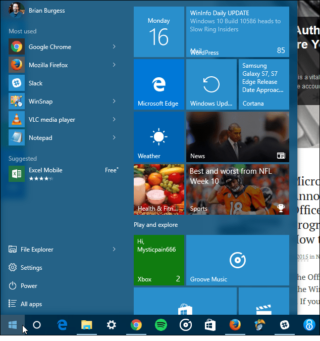 Windows 10 Mulai tiga kolom