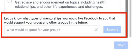 Cara meningkatkan komunitas grup Facebook Anda, opsi untuk menyarankan opsi kategori bimbingan grup ke Facebook