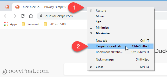 Pilih Buka kembali tab tertutup di Chrome