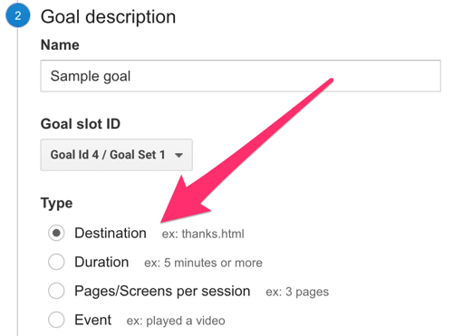 pilih tujuan sebagai jenis tujuan di google analytics