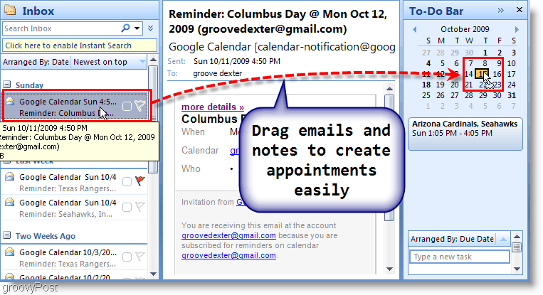 Bilah Agenda Outlook 2007 - Seret Email ke Kalender